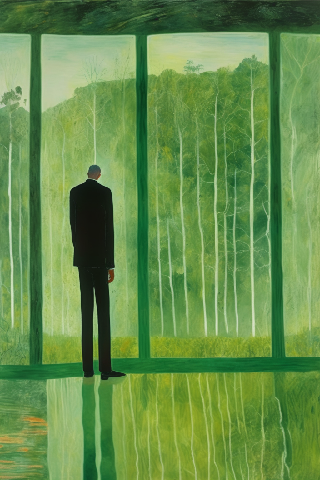 00473-1592072209-_lora_Peter Doig Style_1_Peter Doig Style - a man is in half dream, under a big windows, the outside is deep green summer. The p.png